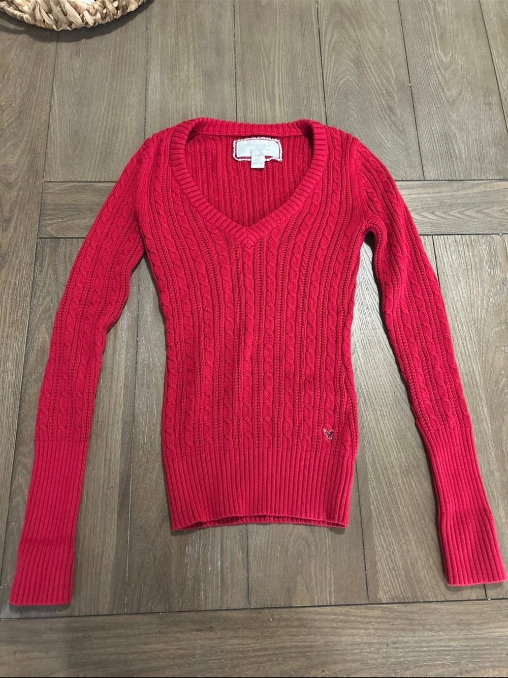 American Eagle Outfitters Bright Red Cable-Knit V-Neck Sweater